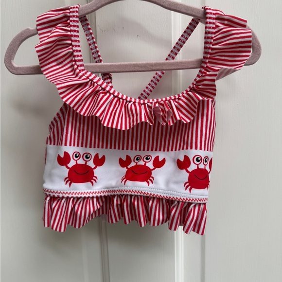 NWOT Marie Nicole 3T Girls Red & White Striped Crab Print Ruffle Bikini Top Swim - Picture 1 of 5